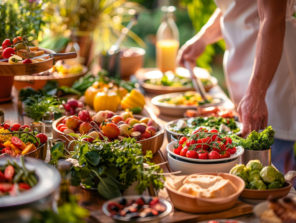 Різнокольорові овочі та фрукти на столі